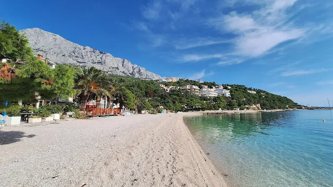 Beach terrace with mountain backdrop